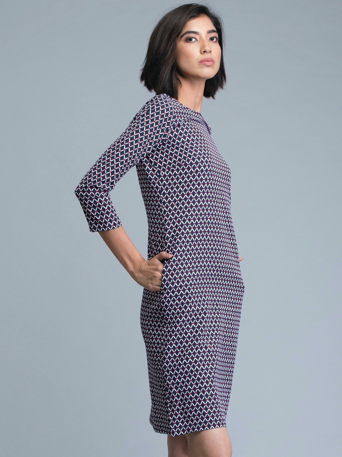 Boat Neck Geometric Print Shift Dress - Blue