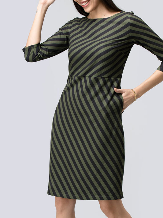 Boat Neck Striped Shift Dress - Black and Olive