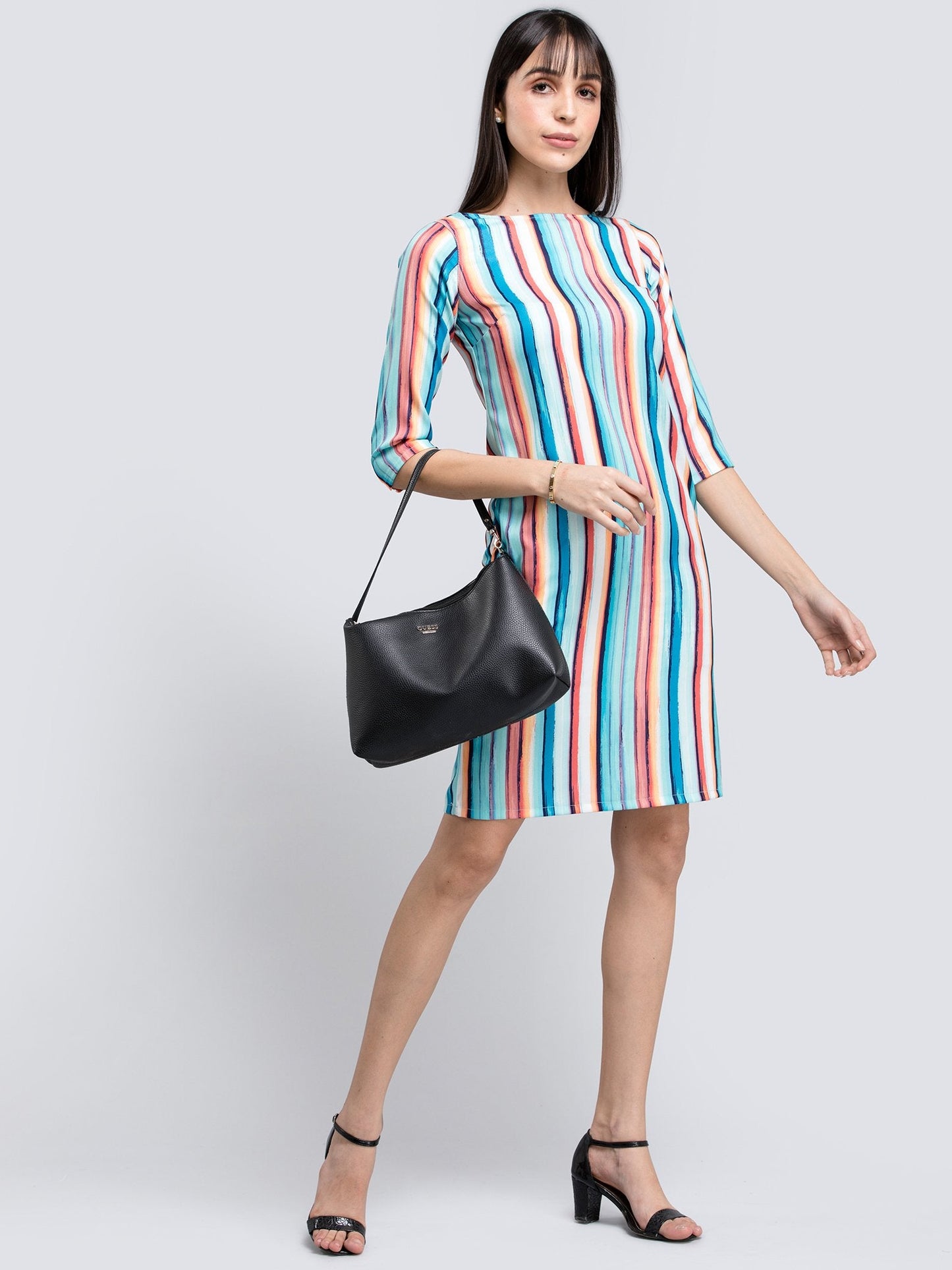 Boat Neck Striped Shift Dress - Multicolour
