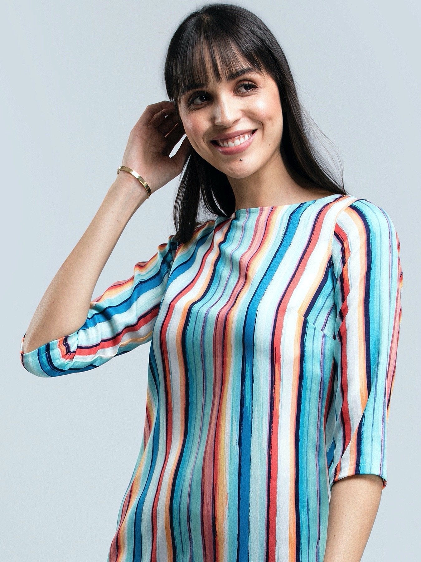 Boat Neck Striped Shift Dress - Multicolour