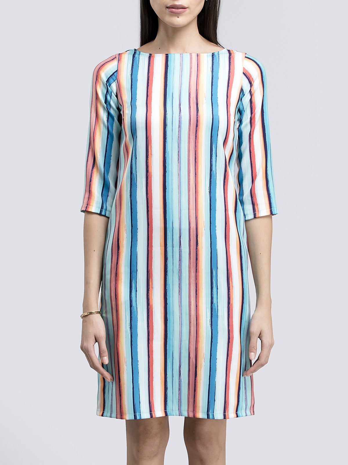 Boat Neck Striped Shift Dress - Multicolour