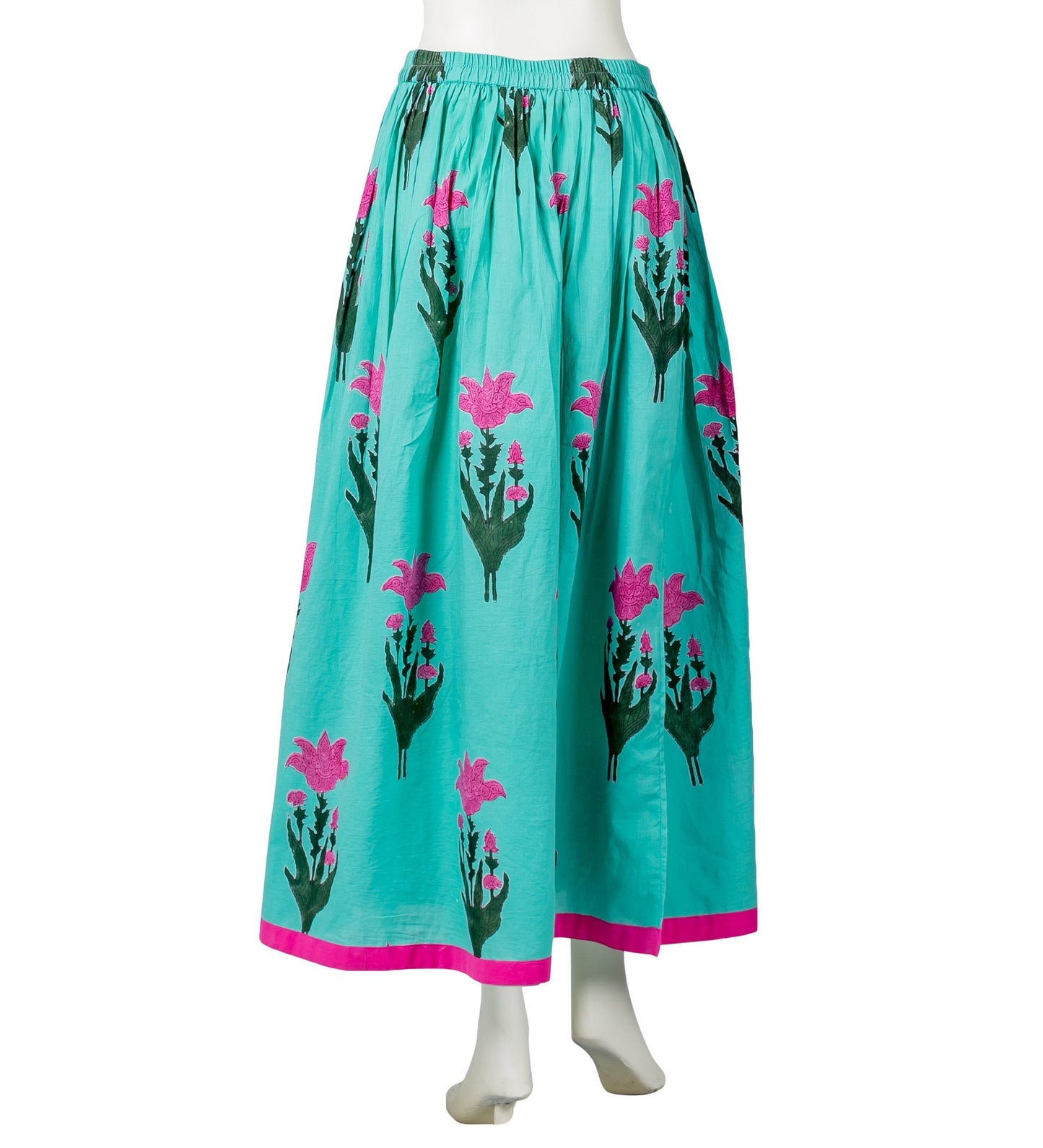 Teal Hand Block Printed Wide Hem Skirt