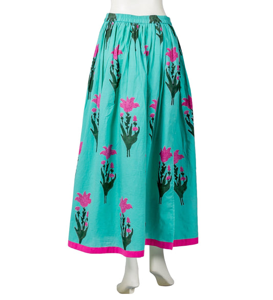 Teal Hand Block Printed Wide Hem Skirt