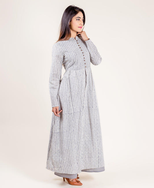 Grey Printed Cotton Layered Long Dress