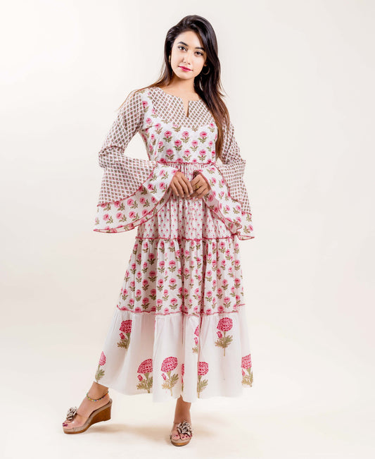 Bell Sleeved Block Print Cotton Tiered Long Dress