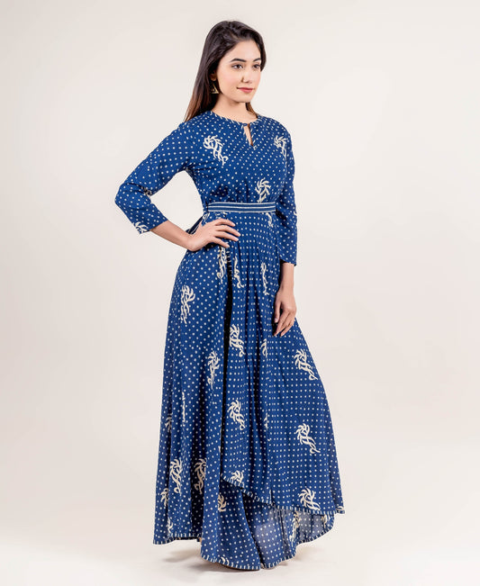 Navy Blue Layered Hand Block Print Indo Western Dress with Waist Belt