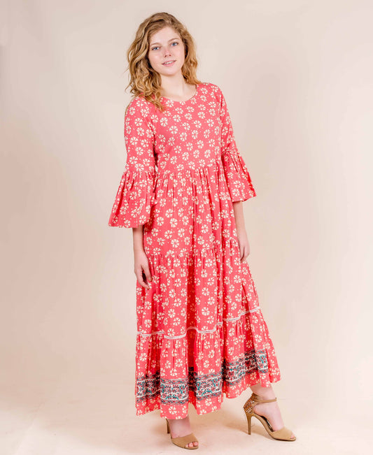Bell Sleeves Hand Block Printed Coral Flared Indo Western Gowns
