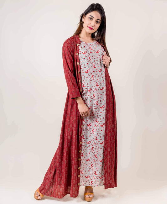 Rust And Light Grey Jacket Style Indo Western Dress