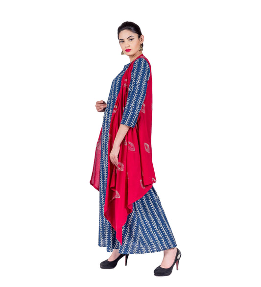 Blue Floral Striped Hand Block Print Gown with Red Shrug