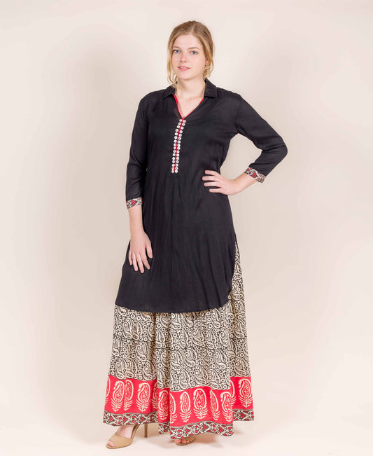 Black Full Collars Shirt Style Kurti with Skirt