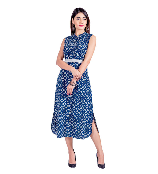 Blue/White Button-Down Hand Block Print Sleeveless Dress