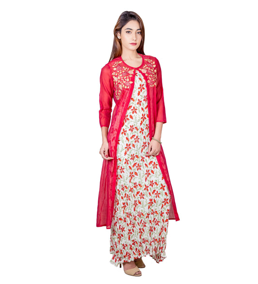 Off-White and Red Long Indo Western Kurta with Chanderi Jacket