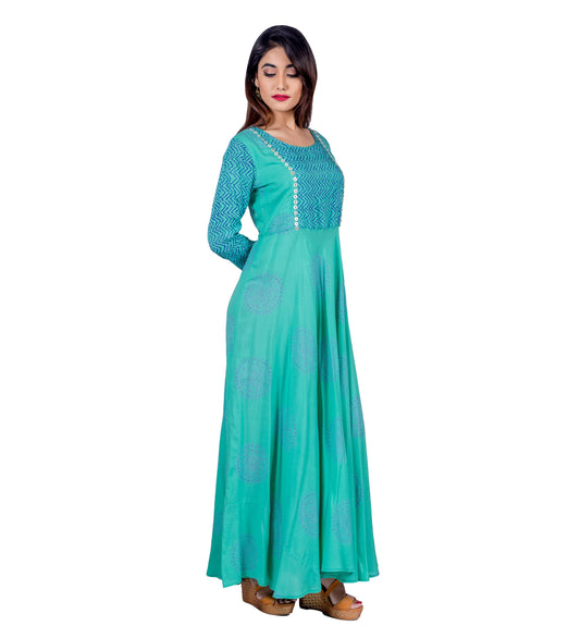 Teal Hand Block Printed Indo Western Dress with Chevron Front Panel and Sleeves