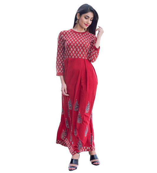 Rust Hand Block Print Indo Western Dress