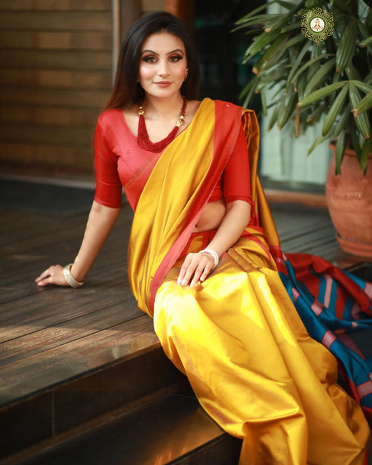 Valiba Yellow Triangular Beautiful Kanchipuram Jacquard Saree