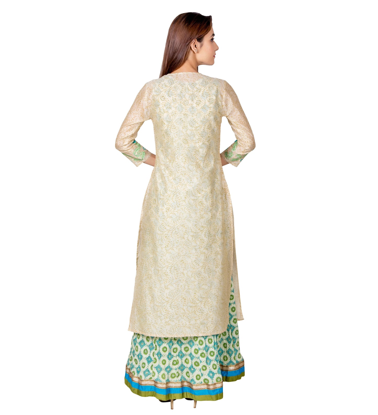 Beige Green Embroidered Chanderi Kurta Dress