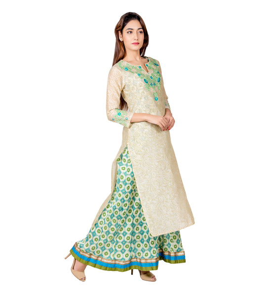Beige Green Embroidered Chanderi Kurta Dress