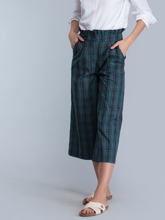 Check Paperbag Waist Pants - Blue and Green