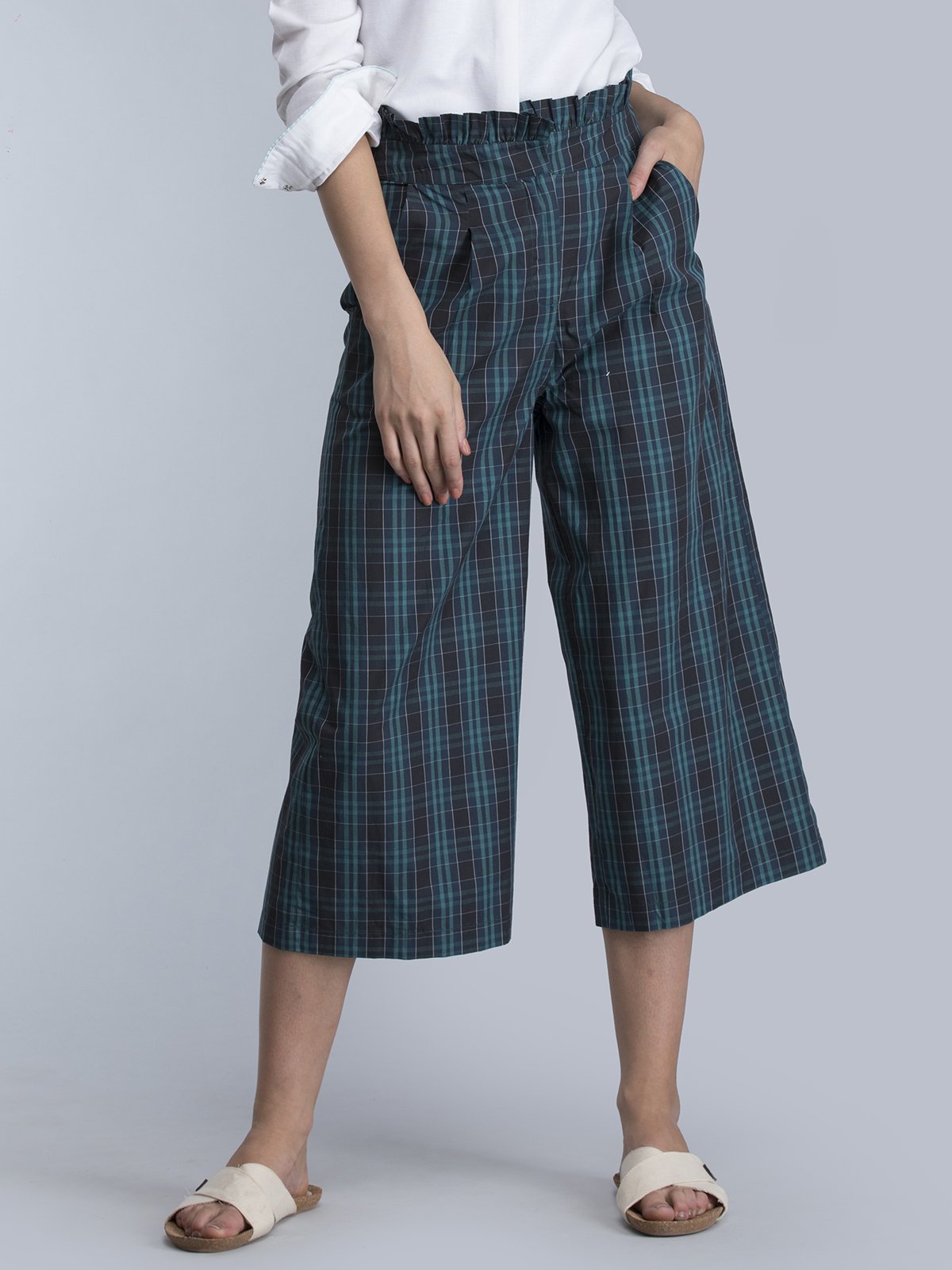 Check Paperbag Waist Pants - Blue and Green