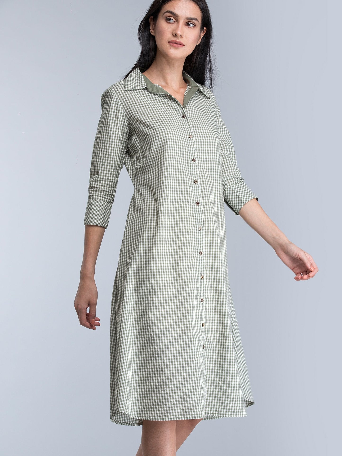 Collared Check Shirt Dress - Olive Green