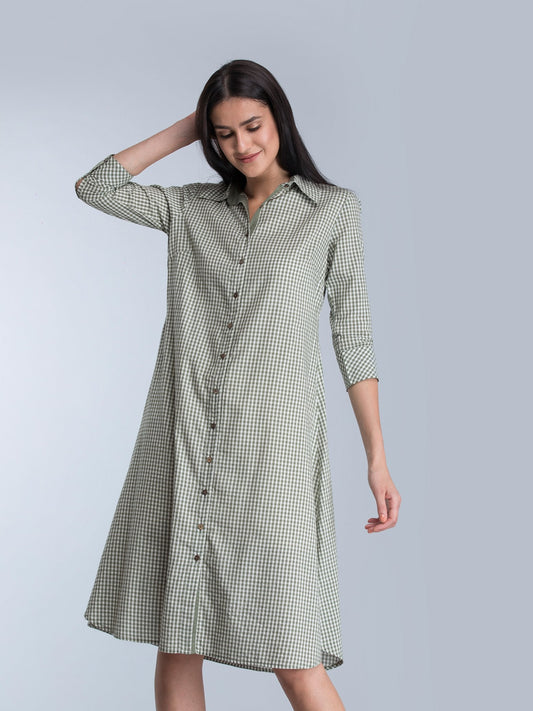 Collared Check Shirt Dress - Olive Green