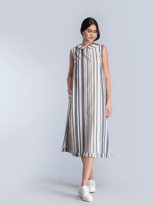 Cotton Striped Shift Dress - Black and White