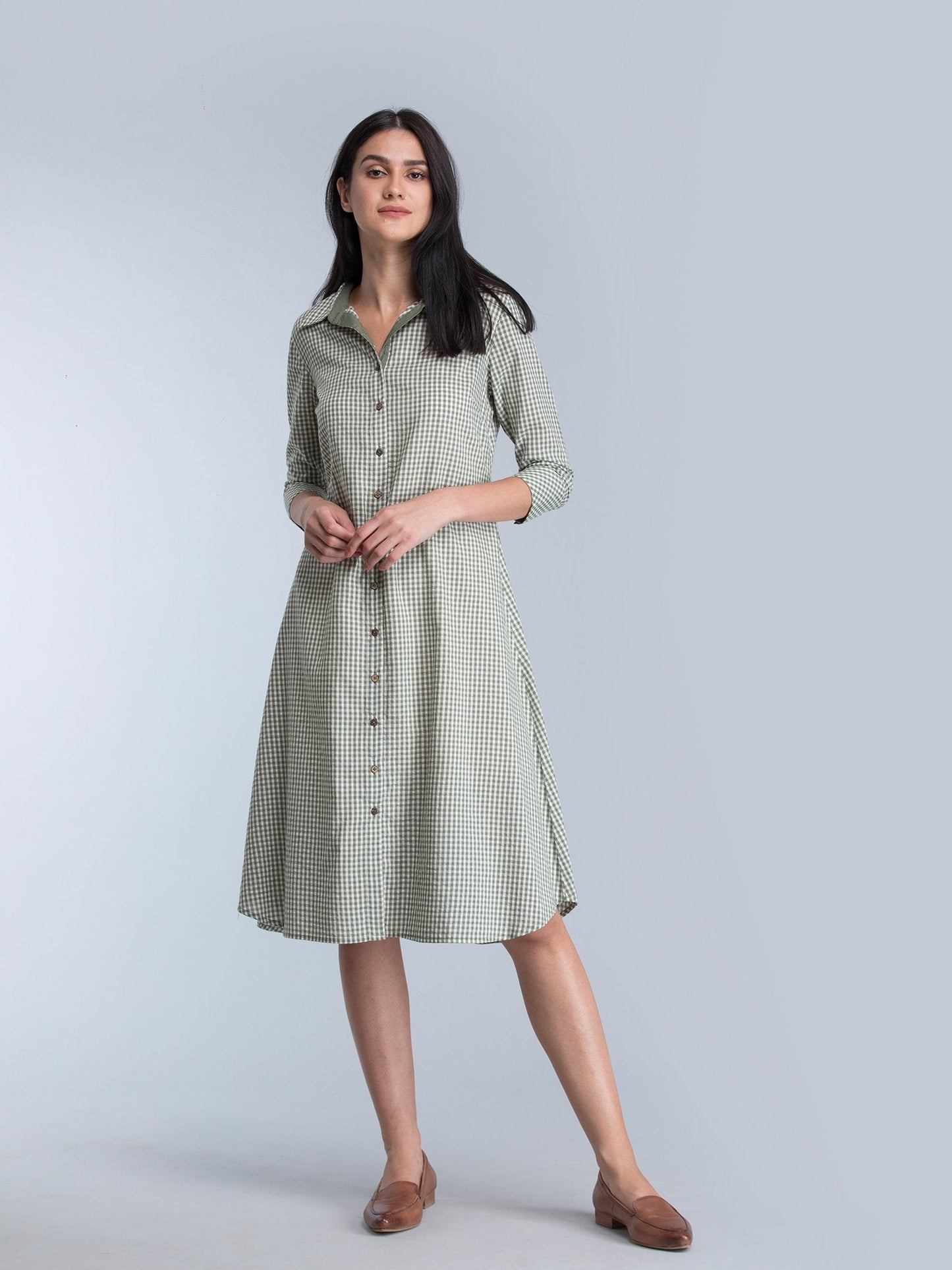 Collared Check Shirt Dress - Olive Green