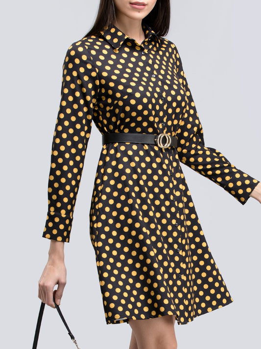 Collared Polka Dot Shirt Dress - Black and Yellow