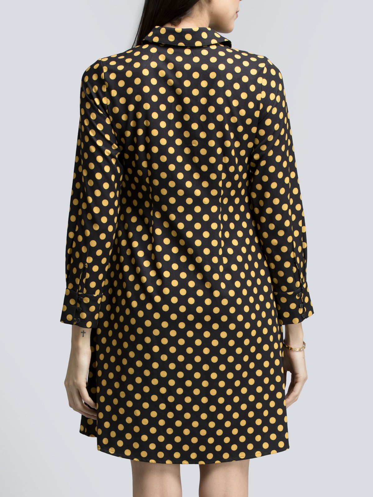 Collared Polka Dot Shirt Dress - Black and Yellow