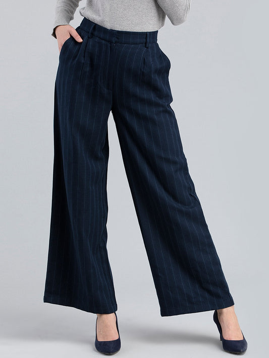Cotton Wide Legged Striped Pants - Navy