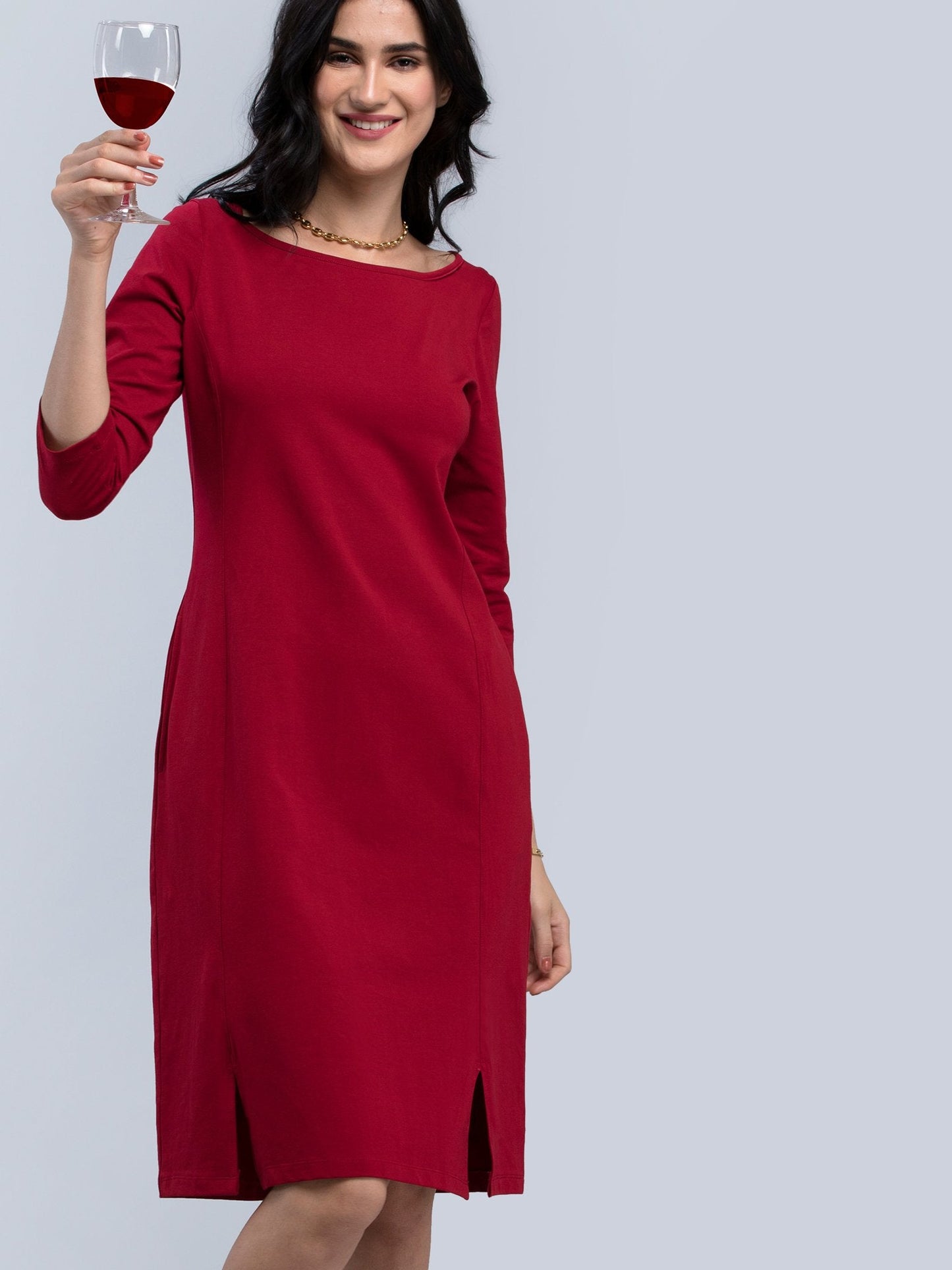 Cotton Boat Neck Knitted A Line Dress - Maroon