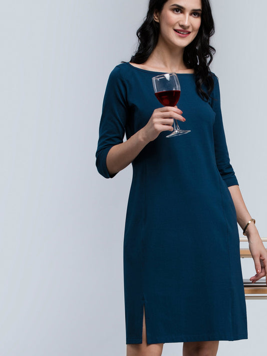 Cotton Boat Neck Knitted A Line Dress - Blue