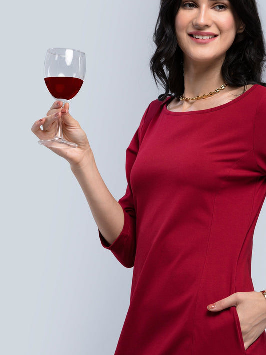 Cotton Boat Neck Knitted A Line Dress - Maroon