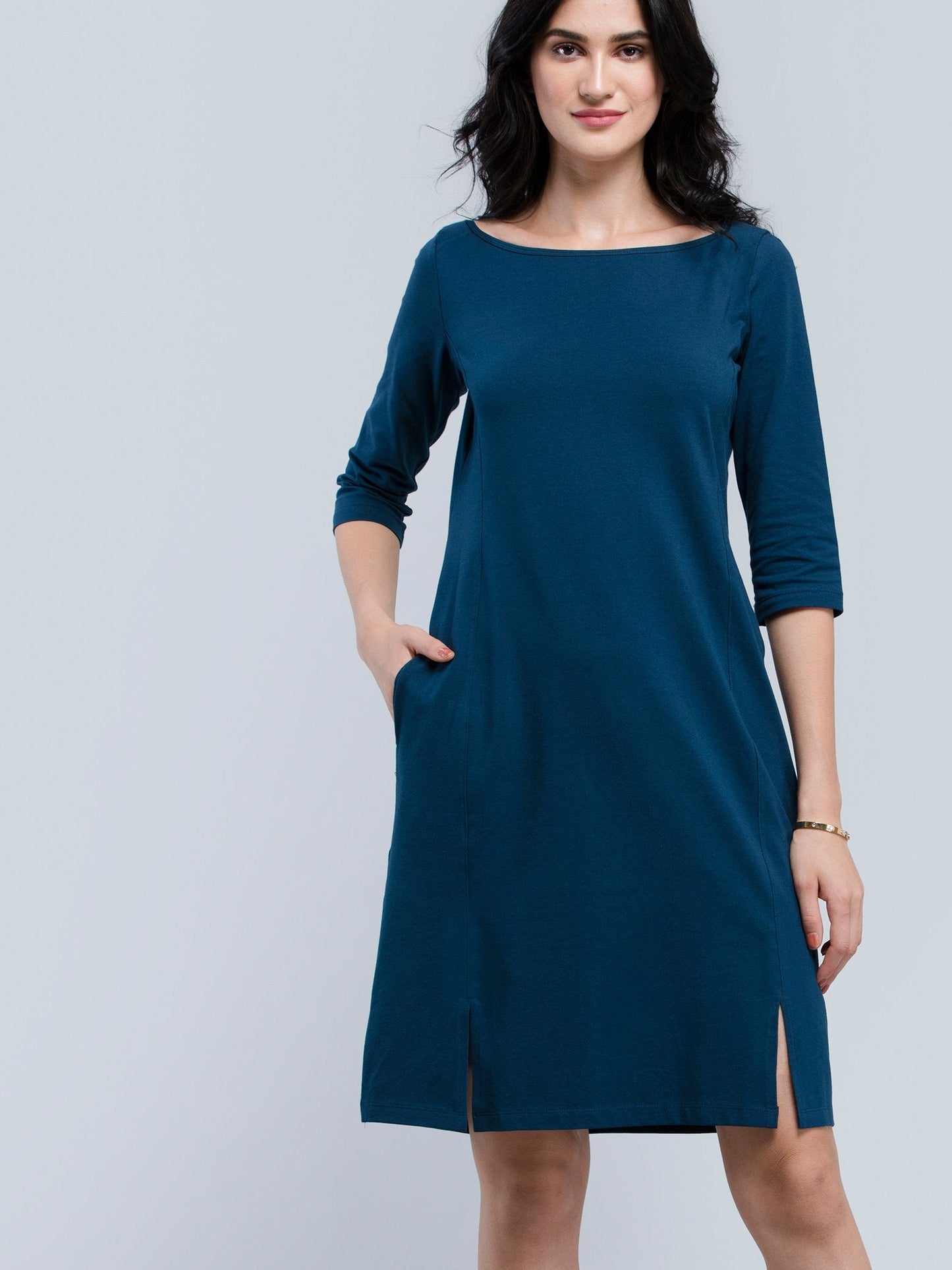 Cotton Boat Neck Knitted A Line Dress - Blue