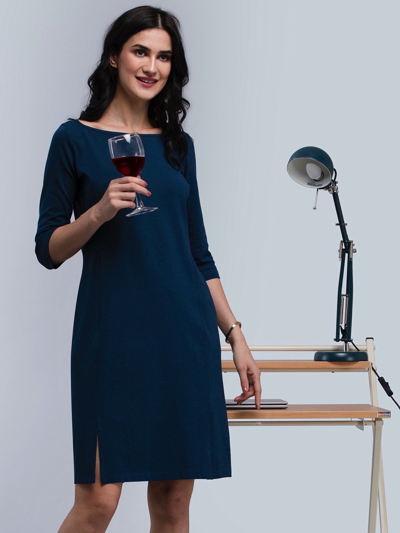 Cotton Boat Neck Knitted A Line Dress - Blue