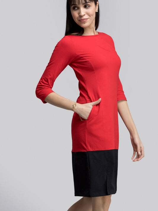 Cotton Colour Block Knitted Shift Dress - Red and Black