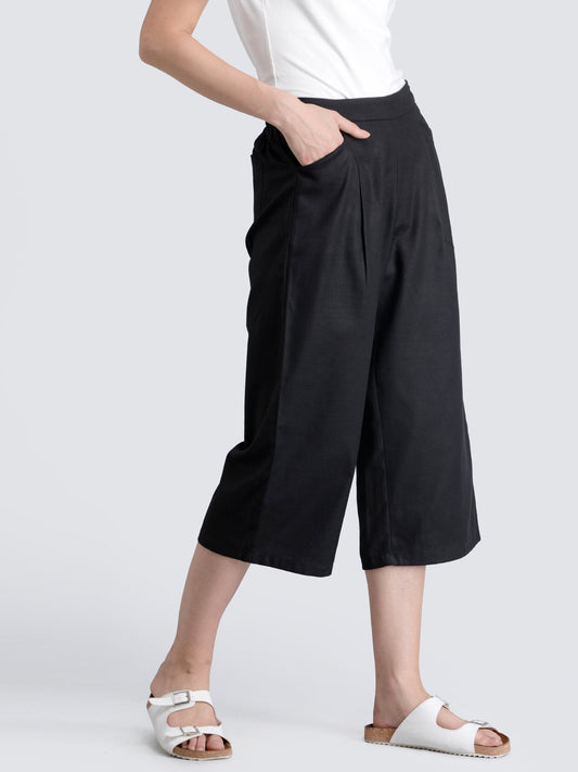 Cotton Flax Pleated Culottes With Elastic - Black