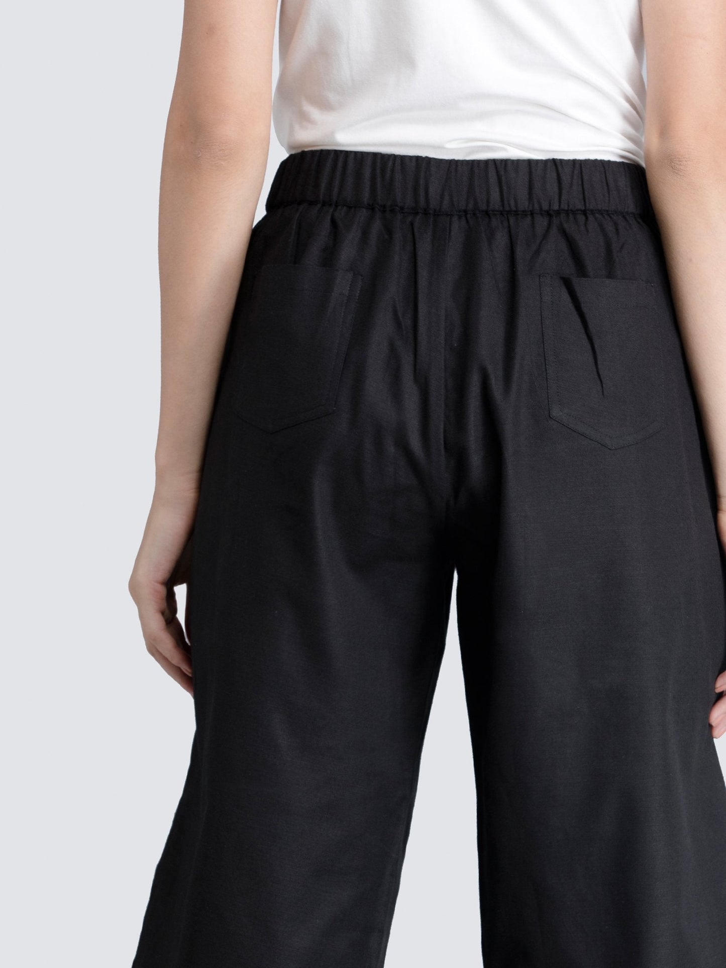 Cotton Flax Pleated Culottes With Elastic - Black