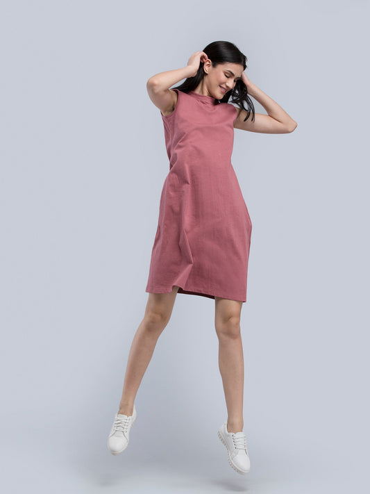 Cotton High Neck Knitted Dress - Pink