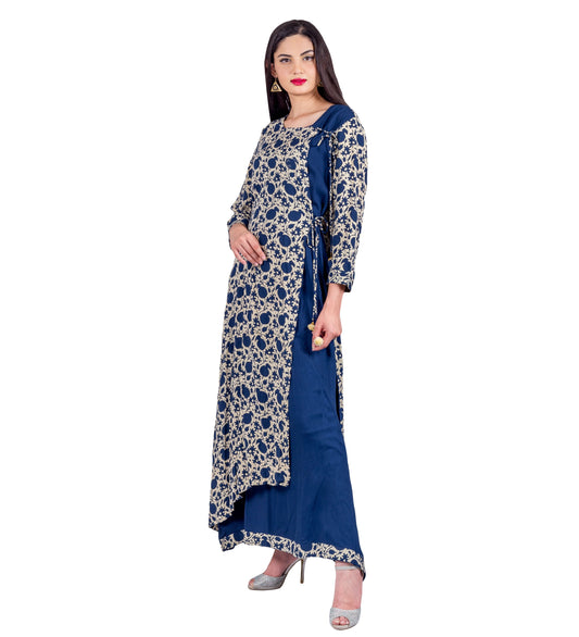 Indigo Angrakha Style Block Printed Full Length Indo Western Gown