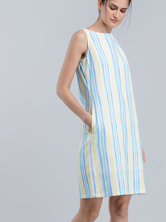 Cotton Linen Boat Neck Striped Shift Dress - Yellow