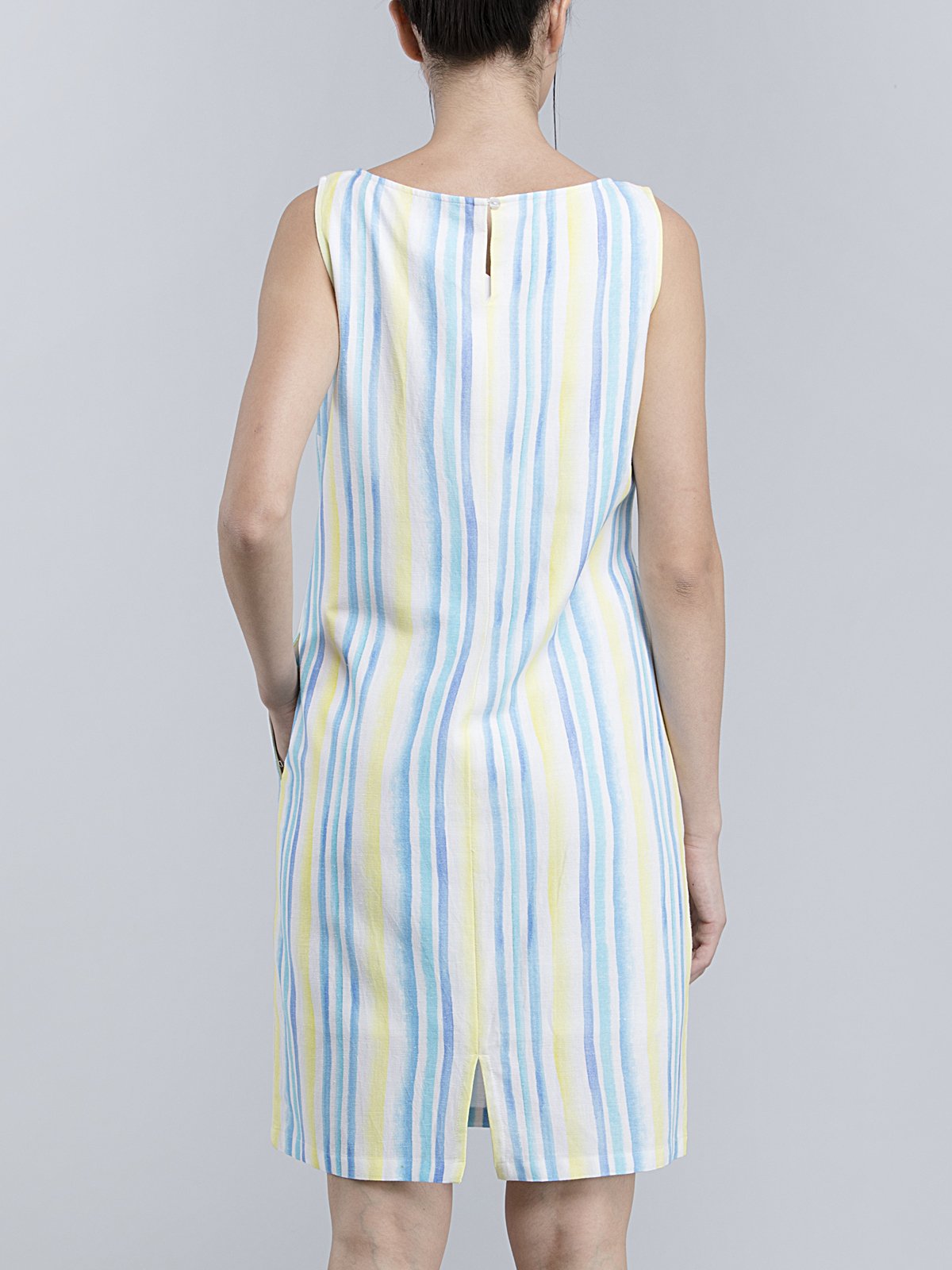 Cotton Linen Boat Neck Striped Shift Dress - Yellow