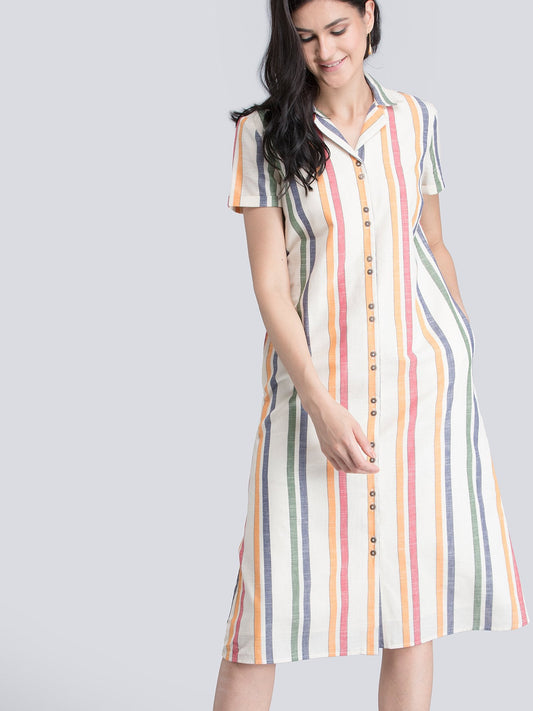 Cotton Linen Notch Collar Striped Shirt Dress - Off White