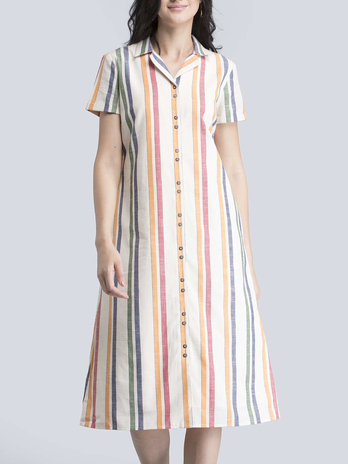 Cotton Linen Notch Collar Striped Shirt Dress - Off White