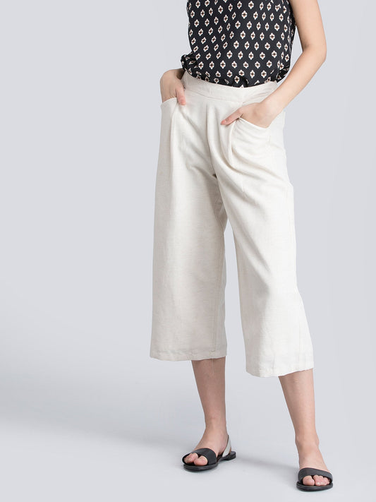 Cotton Linen Pleated Culottes With Elastic - Beige