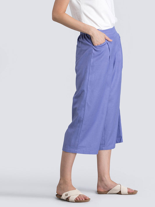 Cotton Linen Pleated Culottes With Elastic - Purple