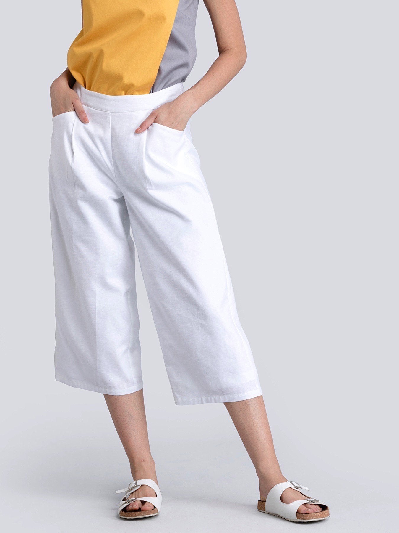 Cotton Linen Pleated Culottes With Elastic - White