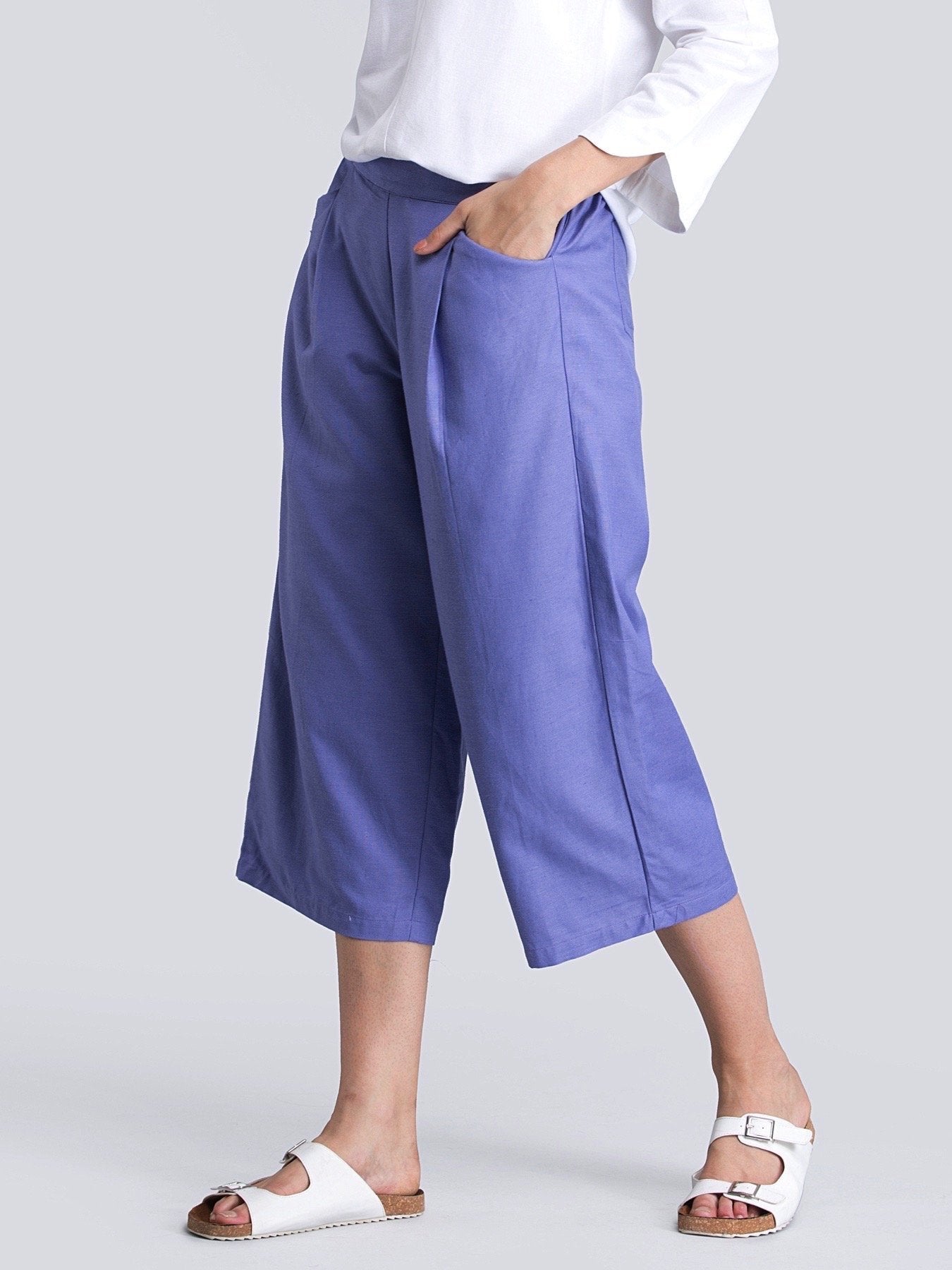 Cotton Linen Pleated Culottes With Elastic - Purple