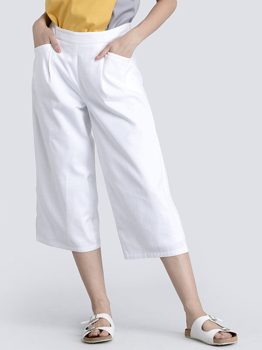 Cotton Linen Pleated Culottes With Elastic - White