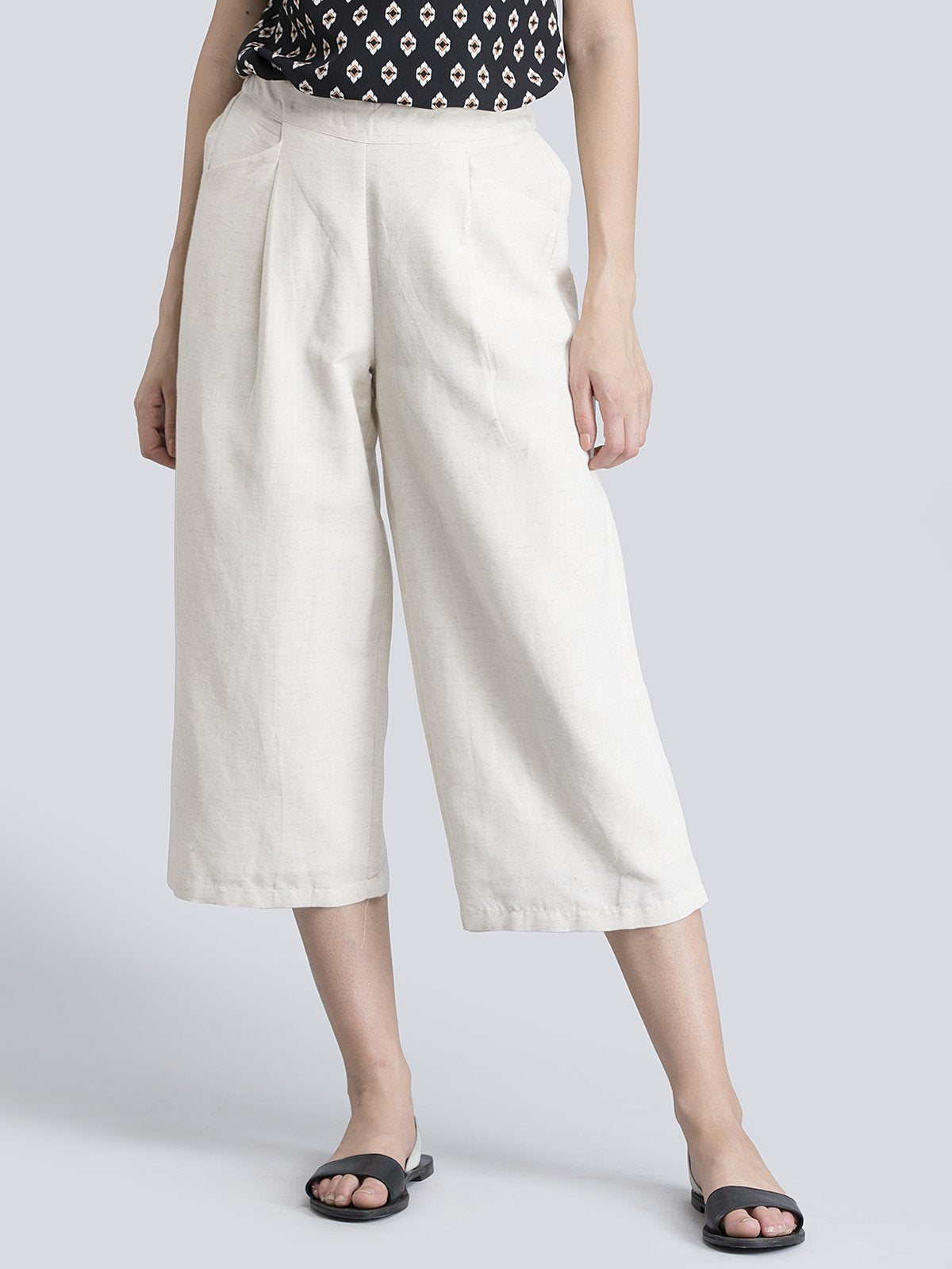 Cotton Linen Pleated Culottes With Elastic - Beige